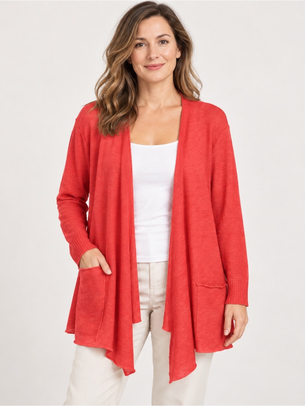 Eileen Fisher XL Coral-Red Open-Front Lightweight 100% linen pockets Cardigan